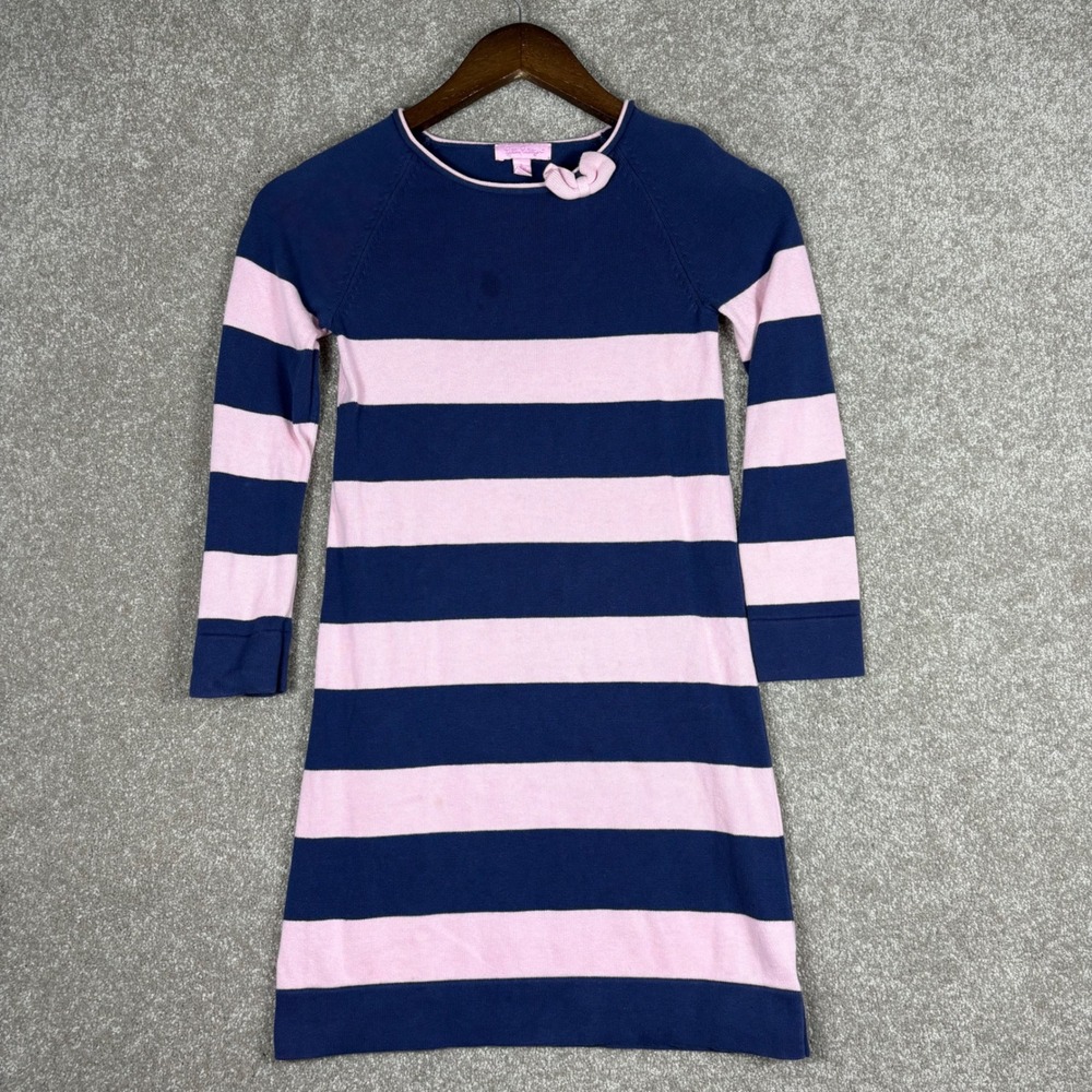 Lilly Pulitzer Girls Navy Blue Pink Striped Bow Knit Sweater Dress Size L 8-10